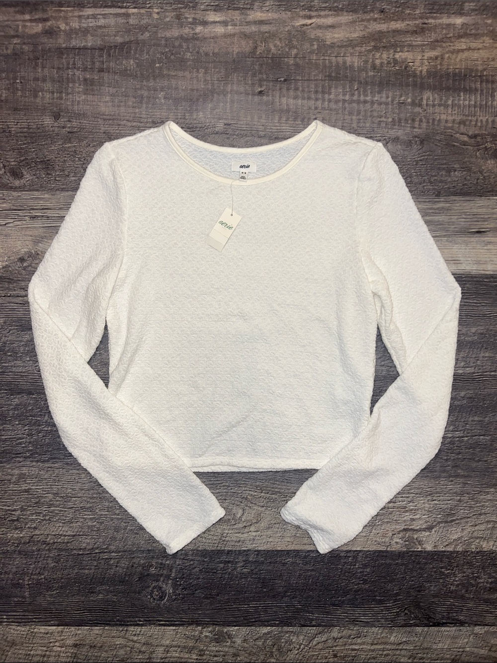 NWT Aerie White Textured Cropped Long Sleeve Top Medium